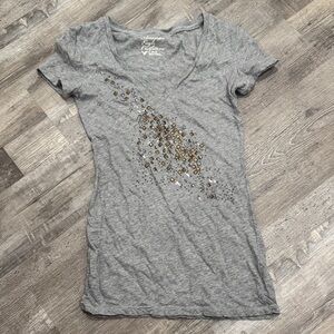 American Eagle Gray Embellished V-Neck T-Shirt